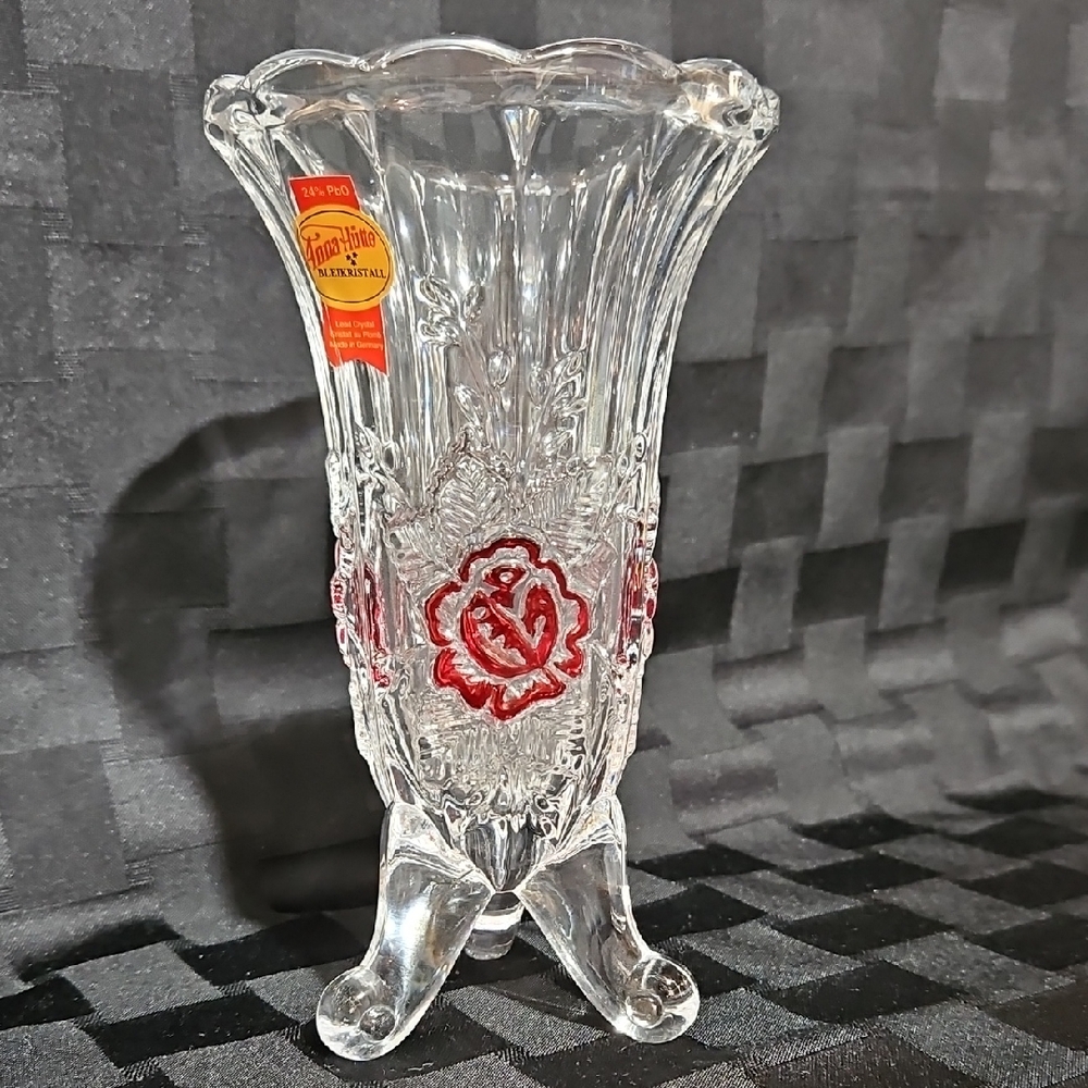 VTG Anna Hütte Bleikristall 24% Lead Crystal 3-Footed Vase Red Rose Germany